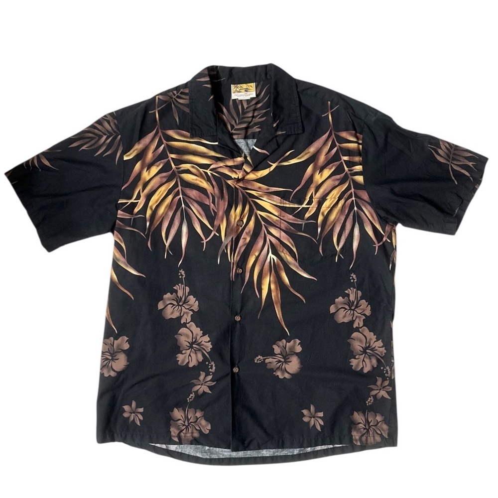 Vintage Hawaiian Camp Shirt Winnie Fashion 100% Cotton Black Floral XL